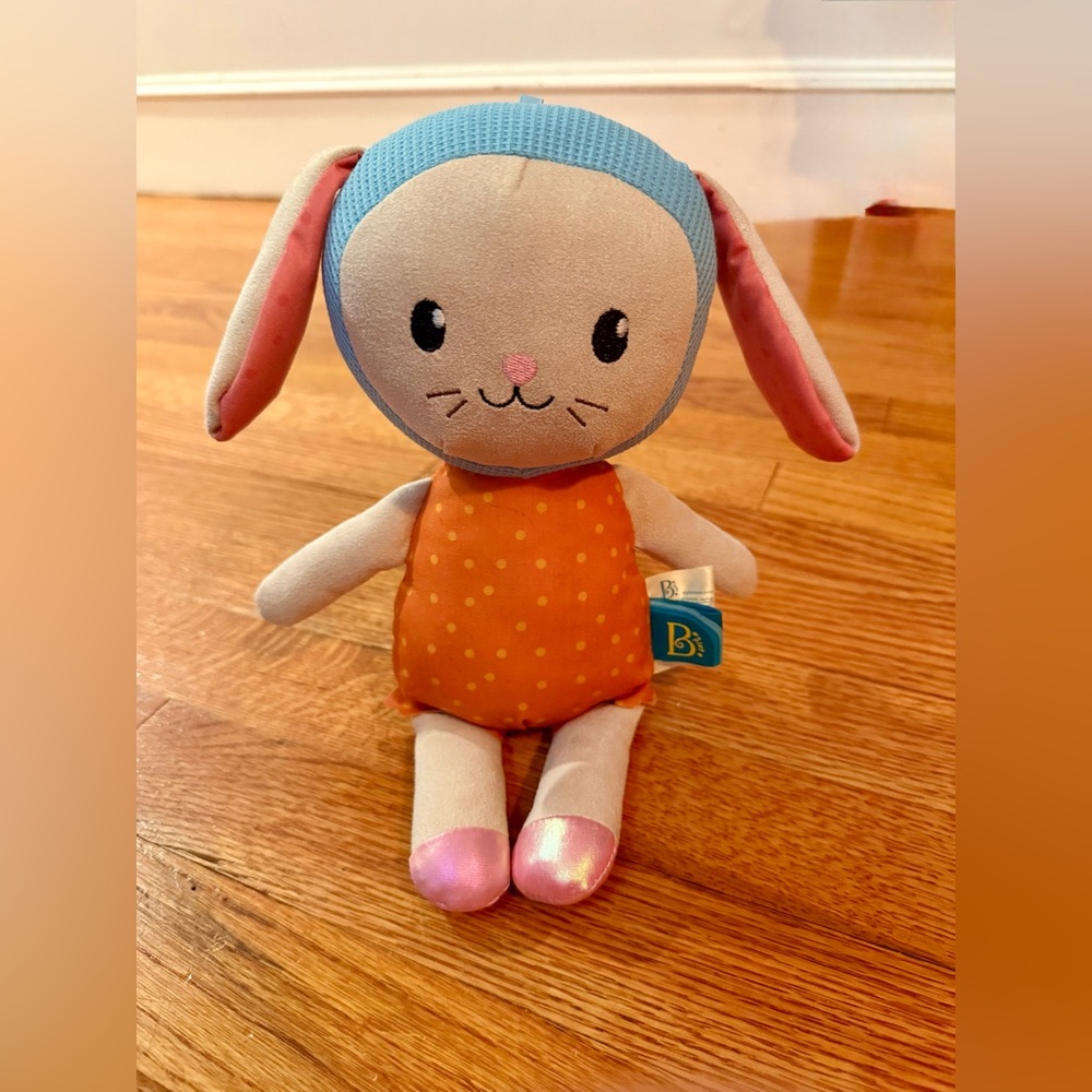 B Play B Softies Bunny Rabbit Plush Stuffed Doll Orange Dress Blue Bonnet 12"